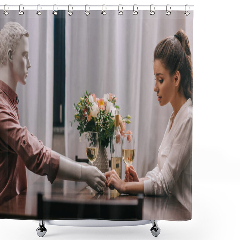 Personality  Side View Of Woman With Glass Of Wine Sitting At Table With Layman Doll, Unrequited Love Concept Shower Curtains