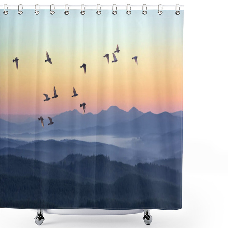 Personality  Foggy Morning In The Mountains With Flying Birds Over Silhouettes Of Hills. Serenity Sunrise With Soft Sunlight And Layers Of Haze. Mountain Landscape With Mist In Woodland In Pastel Colors Shower Curtains