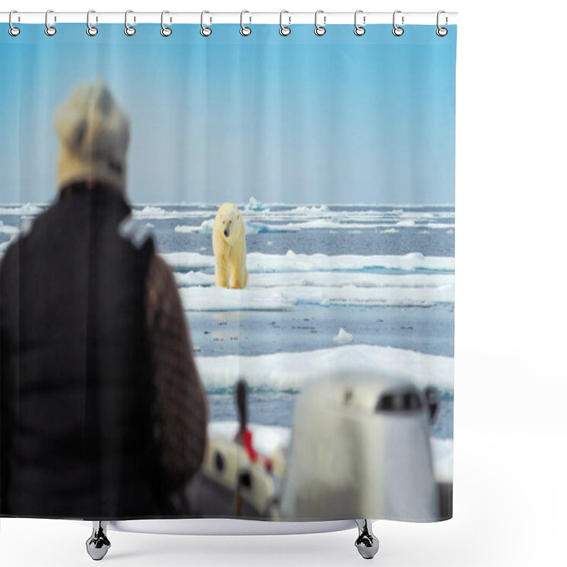 Personality  Man With Polar Bear, Dangerous Situation In The Sea. Human In The Arctic Nature. Polar Bear On Drift Ice Edge With Snow And Water In Russia Sea. White Animal In The Nature Habitat, Wild Europe. Shower Curtains