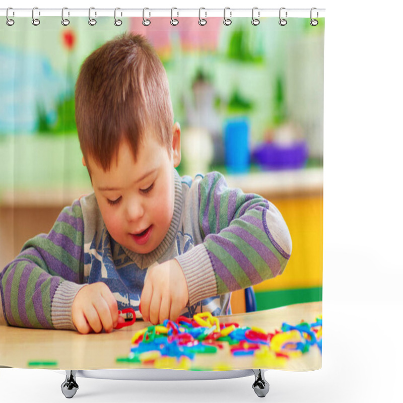 Personality  Cute Kid With Down's Syndrome Playing In Kindergarten Shower Curtains