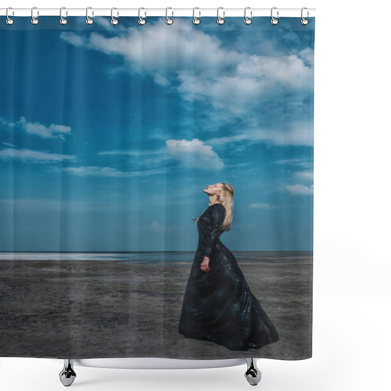 Personality  Full Length Portrait Of A Beautiful Gothic Woman In Long Black Dress Posing Outdoor. Beauty, Fashion. Shower Curtains