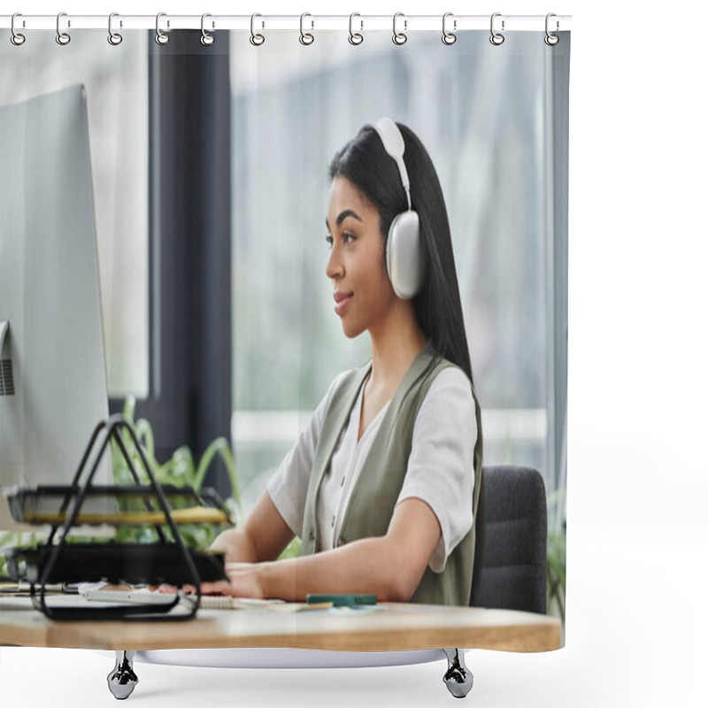 Personality  Engaged Woman Works Diligently At A Desk With Headphones On. Shower Curtains