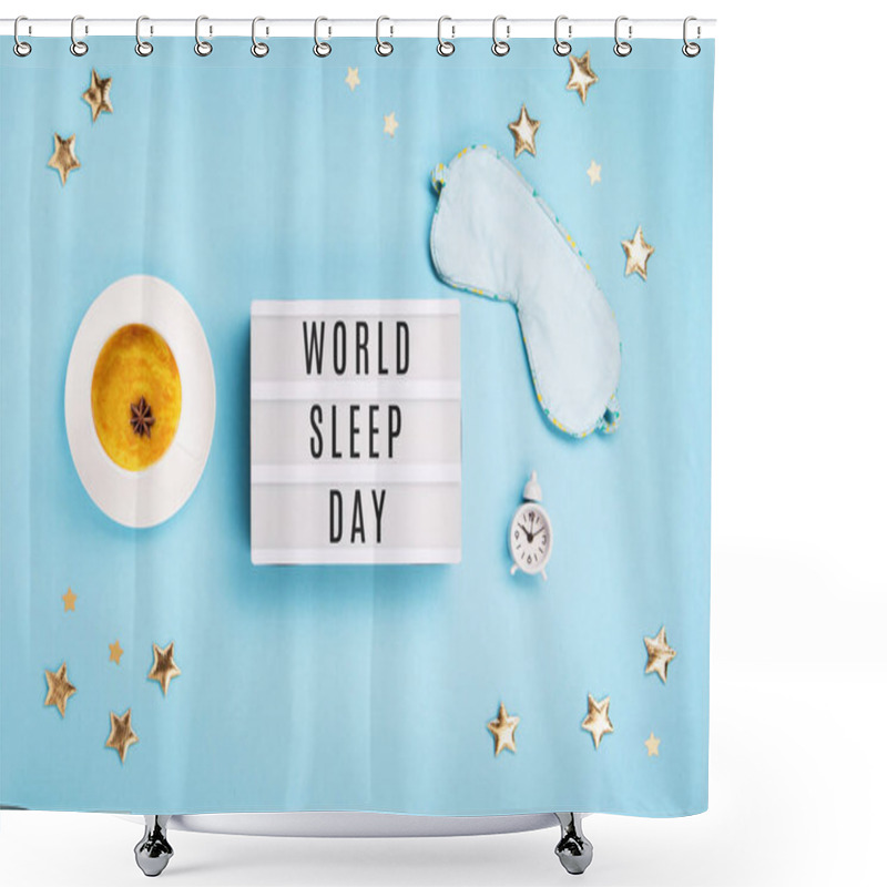 Personality  World Sleep Day Observed On March. Quality Of Sleep, Good Night, Insomnia, Relaxation Concept. Sleeping Mask, Turmeric Golden Milk Latte And White Alarm Clock On Blue Background. Flat Lay, Top View Shower Curtains