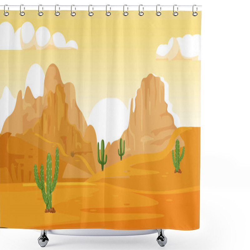 Personality  Sunrise In Desert, Cactuses And Mountains In Cartoon Style - Vector Shower Curtains