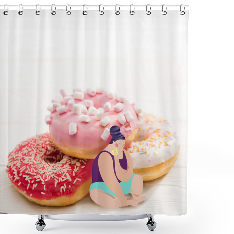 Personality  Fat Woman Sitting Near Pile Of Tasty Donuts Shower Curtains