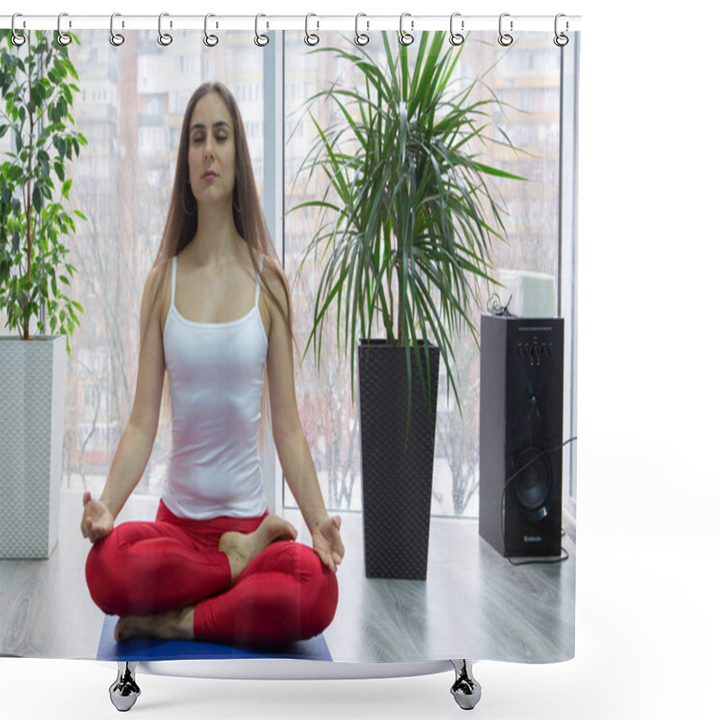 Personality  Portrait Of Gorgeous Young Woman Practicing Yoga Indoor. Beautiful Girl Smiling During Practice Class. Calmness And Relax, Female Happiness Concept Full Length Shower Curtains