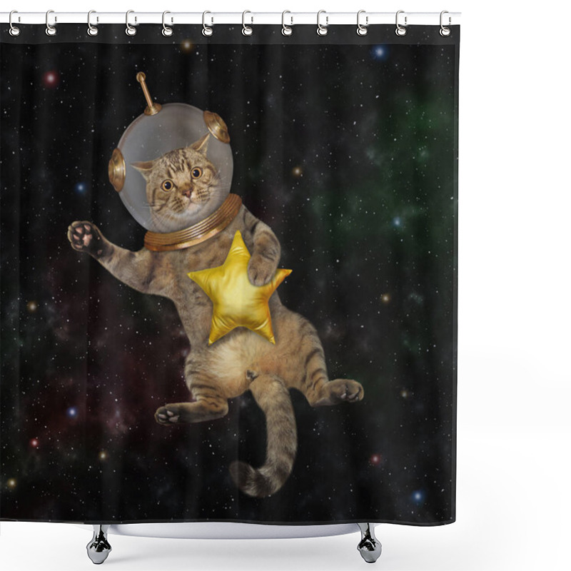 Personality  A Beige Cat Astronaut Wearing A Space Suit With A Golden Star Is In Outer Space. Shower Curtains