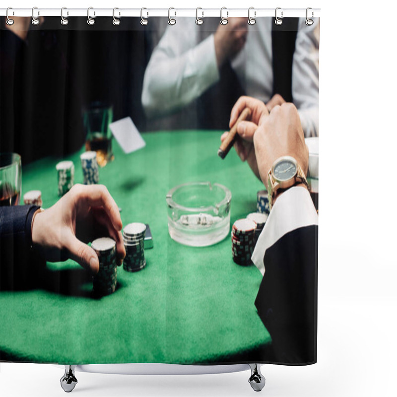 Personality  Cropped View Of Man Touching Poker Chips Near Croupier With Playing Cards Isolated On Black  Shower Curtains