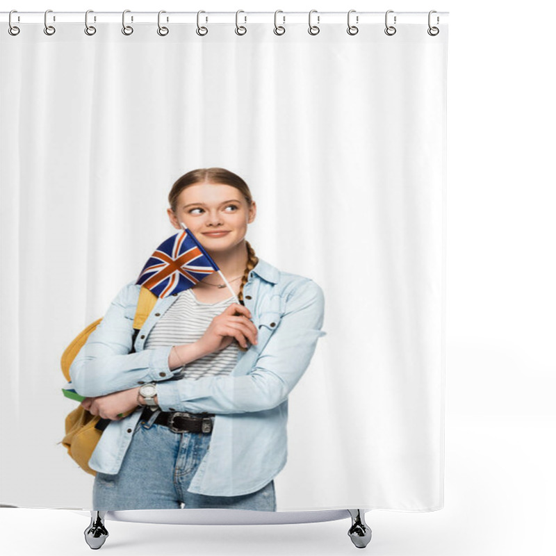 Personality  Dreamy Pretty Student With Backpack Holding Book And British Flag Isolated On White Shower Curtains