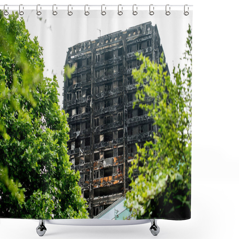 Personality  London, UK. 28th June 2017. EDITORIAL - The Grenfell Tower Fire - The Burnt Remains And Devastation Of The Fierce Fire, Which Ripped Through The Tower Block Leaving Hundreds Homeless And Many Dead. Shower Curtains