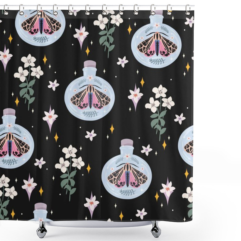 Personality  Cute Pastel Seamless Pattern With Butterflies In Potion Bottles, Flowers, And Stars On A Black Background Shower Curtains