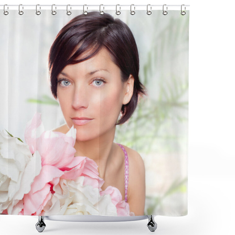 Personality  Beautiful Flowers Woman With Spring Pink Dress Shower Curtains