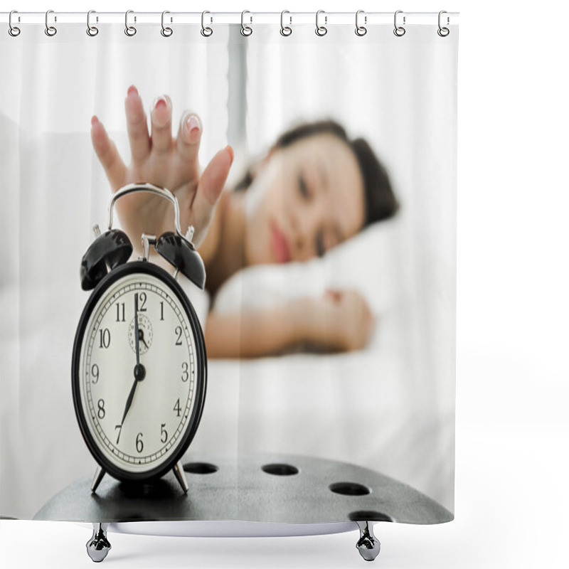 Personality  Woman Waking Up With The Alarm Clock Shower Curtains