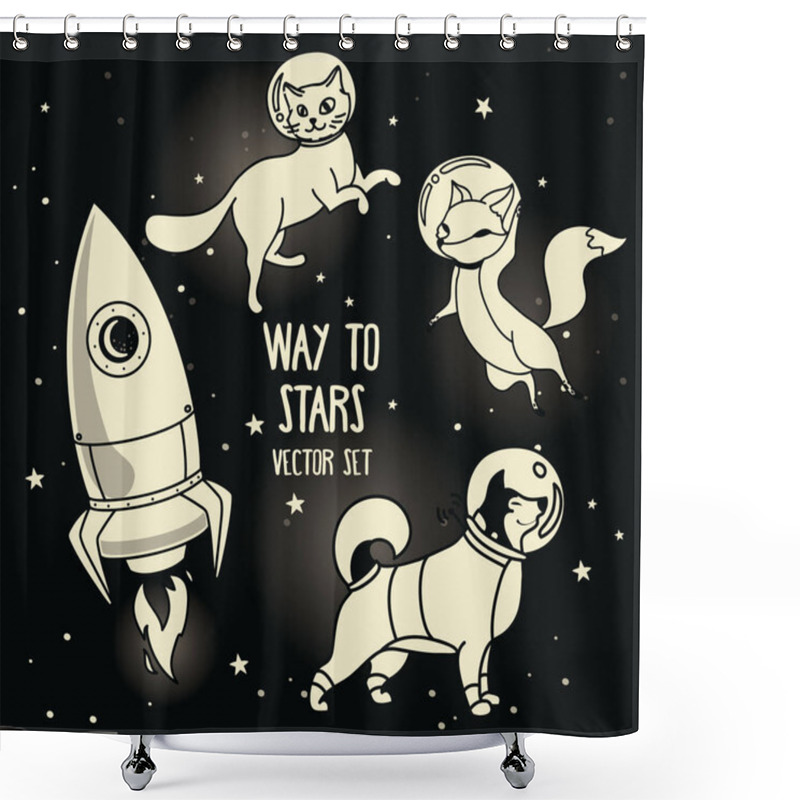 Personality  Cute Doodle Animal-astronauts And Retro Style Rocket Floating In Space Shower Curtains