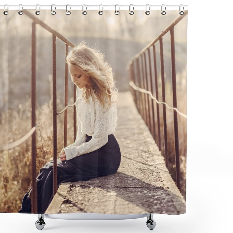 Personality  Blond Woman On The Bridge Shower Curtains