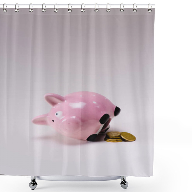 Personality  Close Up View Of Pink Piggy Bank And Pile Of Coins Isolated On Lilac Shower Curtains