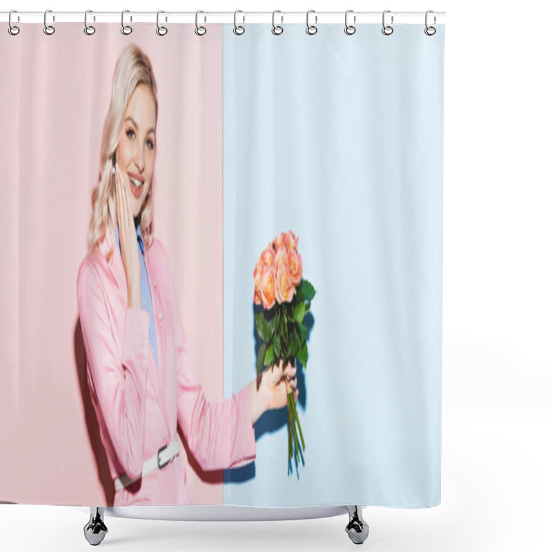 Personality  Panoramic Shot Of Smiling Woman Holding Bouquet On Pink And Blue Background  Shower Curtains