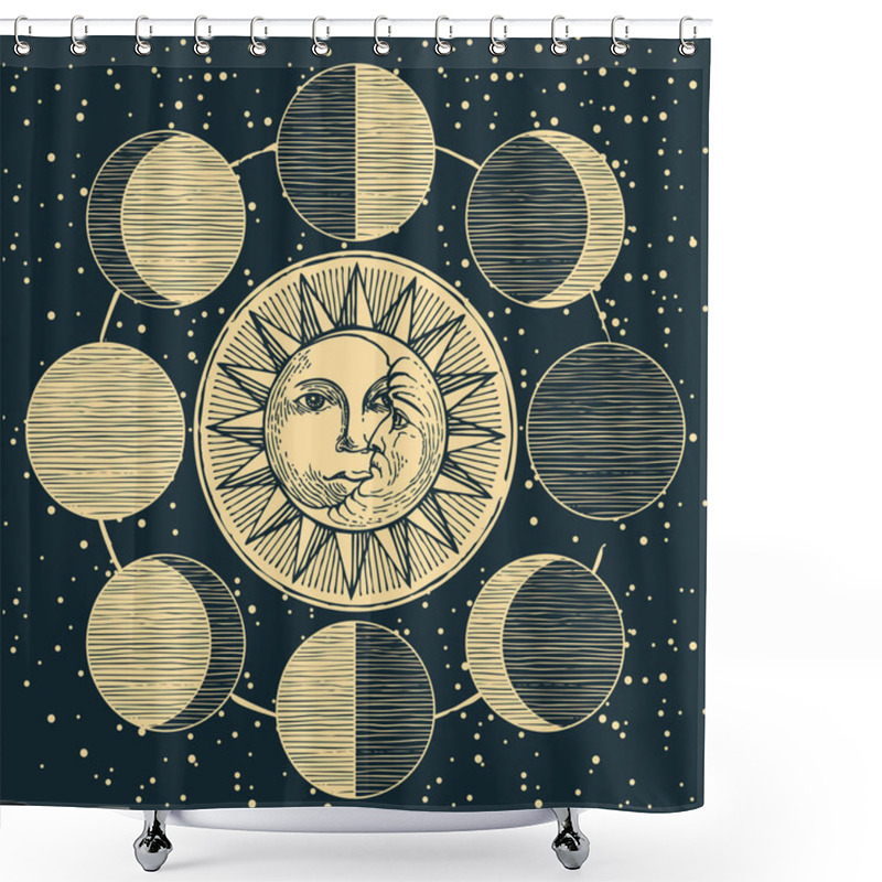 Personality  A Hand-drawn Banner With A Circle Of Lunar Phases, The Sun And The Moon With Human Faces Against A Dark Starry Sky. Monochrome Vector Illustration In Retro Style On A Space Theme Shower Curtains