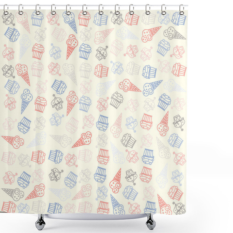 Personality  Hand Drawn Ice Cream And Muffin Seamless Pattern. Vector Ice Cream Cone And Cupcakes Background. Vintage Style Bakery Desserts And Cakes Wallpaper. Birthday Party Banner Design Shower Curtains