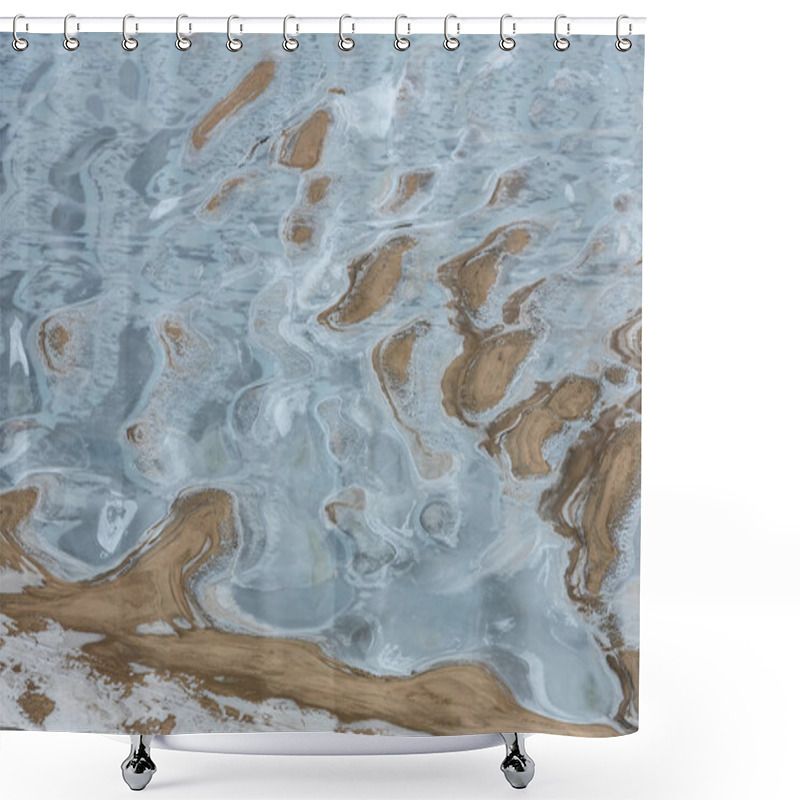 Personality  Winter Abstract Landscape With Frozen River, Blue Ice And Sand. Natural Abstract Pattern On A Frozen River Shower Curtains