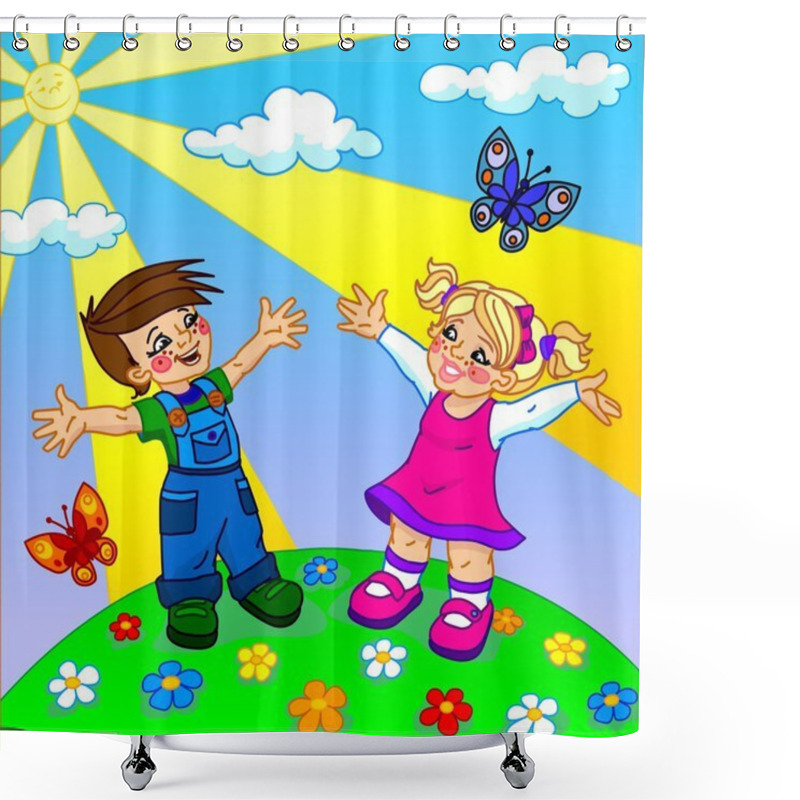 Personality  The Illustration Of Happy Cartoon Kids Shower Curtains