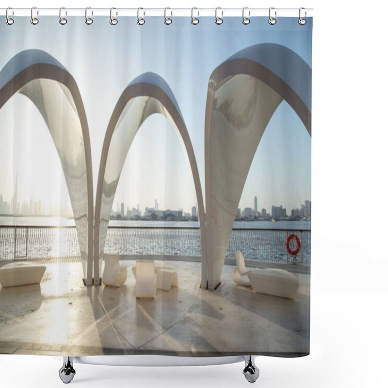 Personality  Dubai Creek Harbour Arches At Sunset With City And Khalifa At The Back Shower Curtains