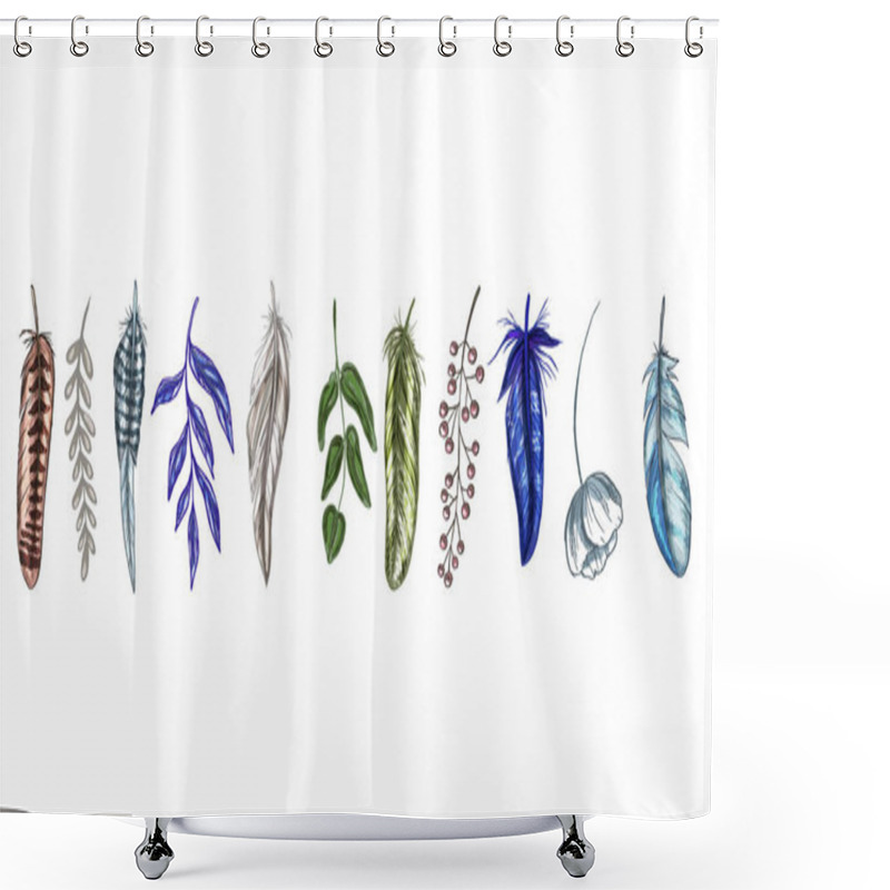 Personality  Colorful Detailed Bird Feathers And Leaves Isolated On White Background. A Set Of Beautiful Bird Plumage. Vector Illustration Shower Curtains