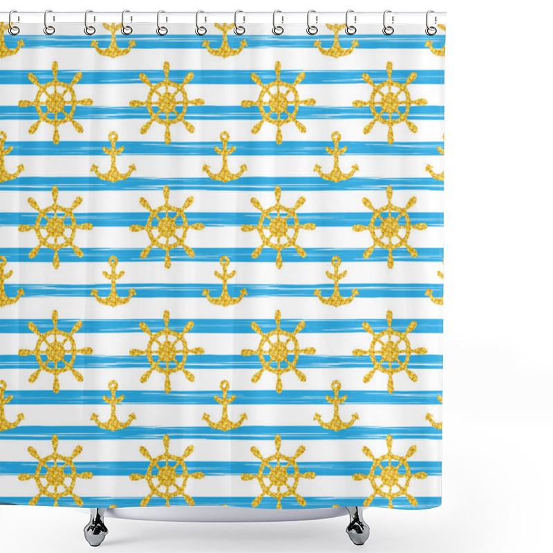 Personality  Seamless Nautical Pattern With Golden Anchors And Ship Wheels On White Black Striped Background. Shower Curtains