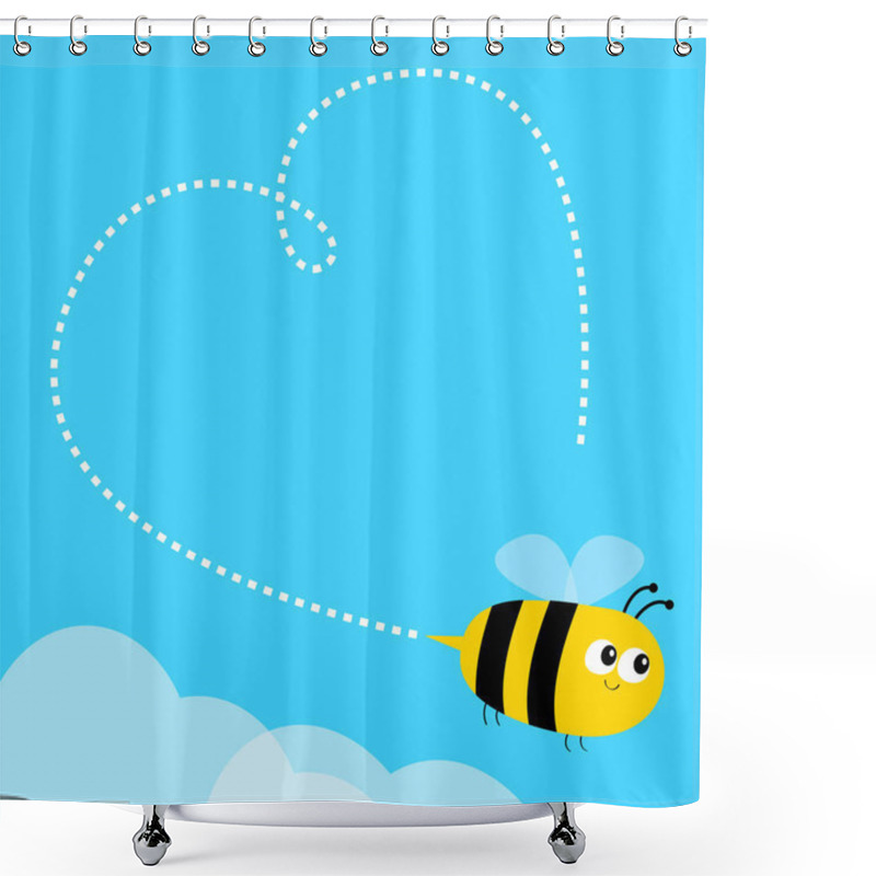 Personality  Flying Bee Icon. Dash Line Heart. Big Eyes. Happy Valentines Day. Cute Cartoon Funny Baby Caharacter. Flat Design. Blue Sky Background. White Cloud. Vector Illustration Shower Curtains