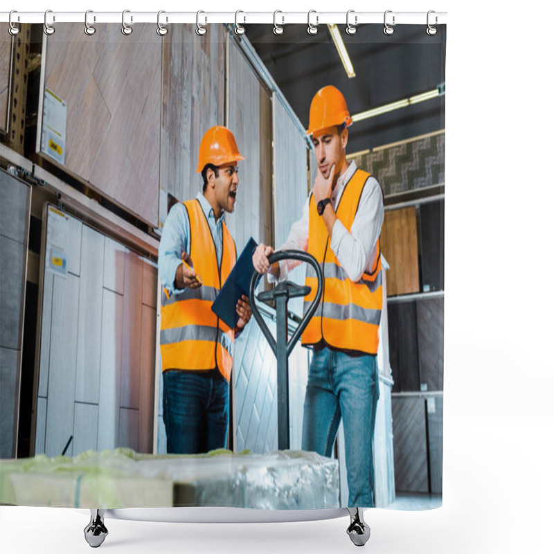 Personality  Upset Warehouse Worker With Pallet Jack Standing Near Angry Yelling Indian Colleague Shower Curtains