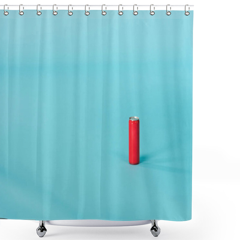 Personality  Red Aluminum Can With Beverage On Blue Surface Shower Curtains