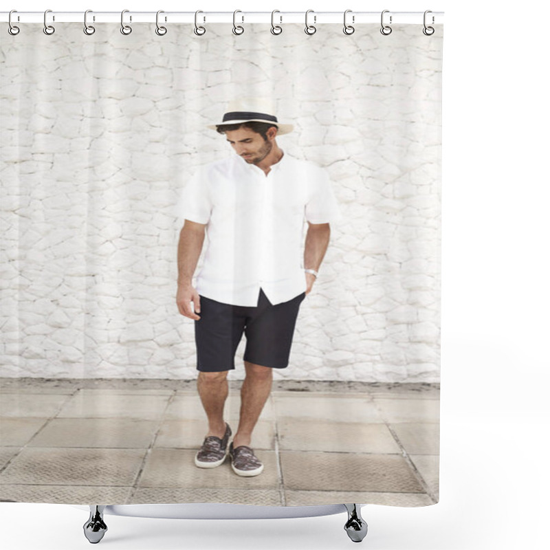 Personality  Guy In Shirt And Shorts And In Hat, Looking Down Shower Curtains