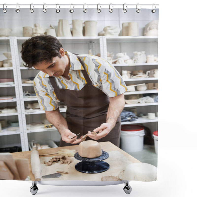 Personality  Appealing Man In Pottery Studio. Shower Curtains