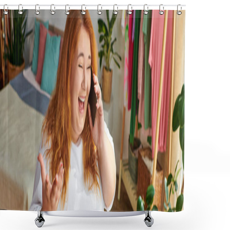 Personality  A Beautiful Plus Size Woman Joyfully Talks On The Phone, Surrounded By Colorful Clothes And Plants. Shower Curtains