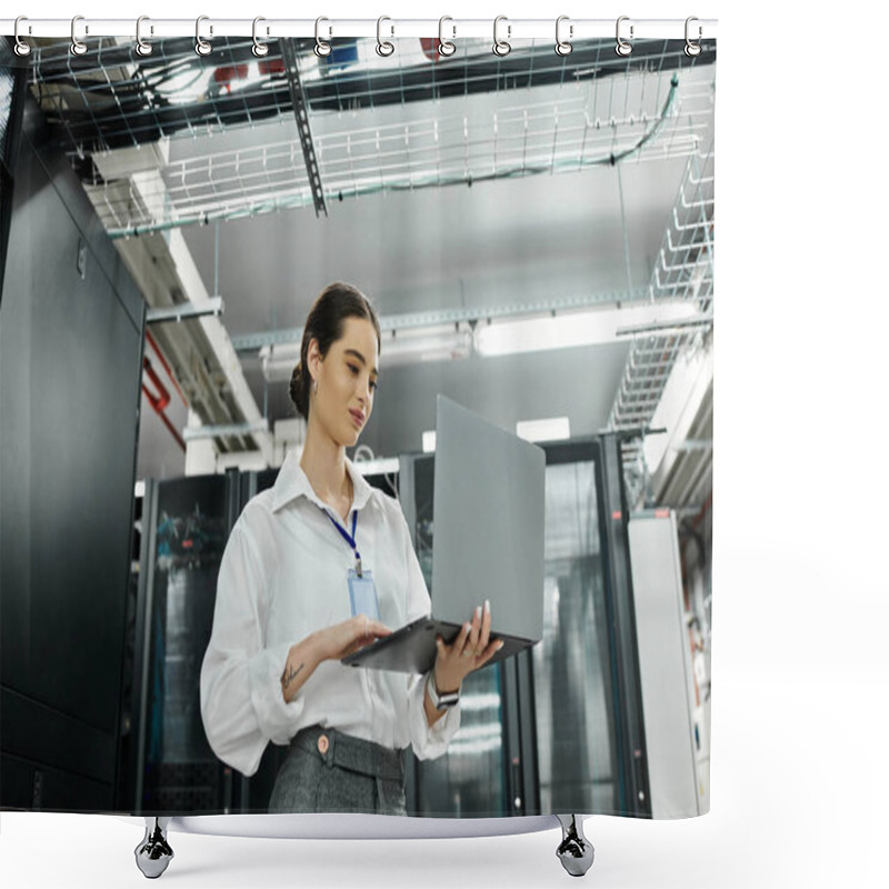 Personality  IT Specialist In A White Shirt Manages Systems In A High-tech Data Center With Confidence. Shower Curtains