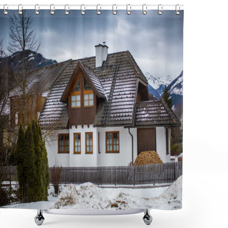 Personality  Wooden House In Austrian Alps At Snowy Day Shower Curtains