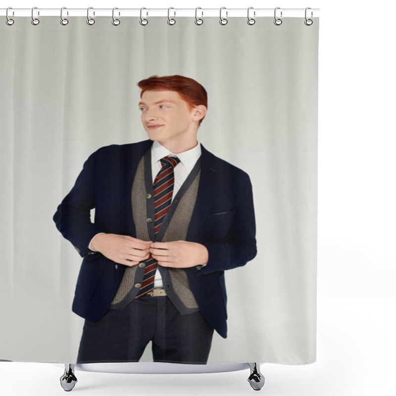 Personality  A Young Gentleman With Vibrant Red Hair Showcases A Sophisticated Layered Winter Outfit In A Studio. Shower Curtains