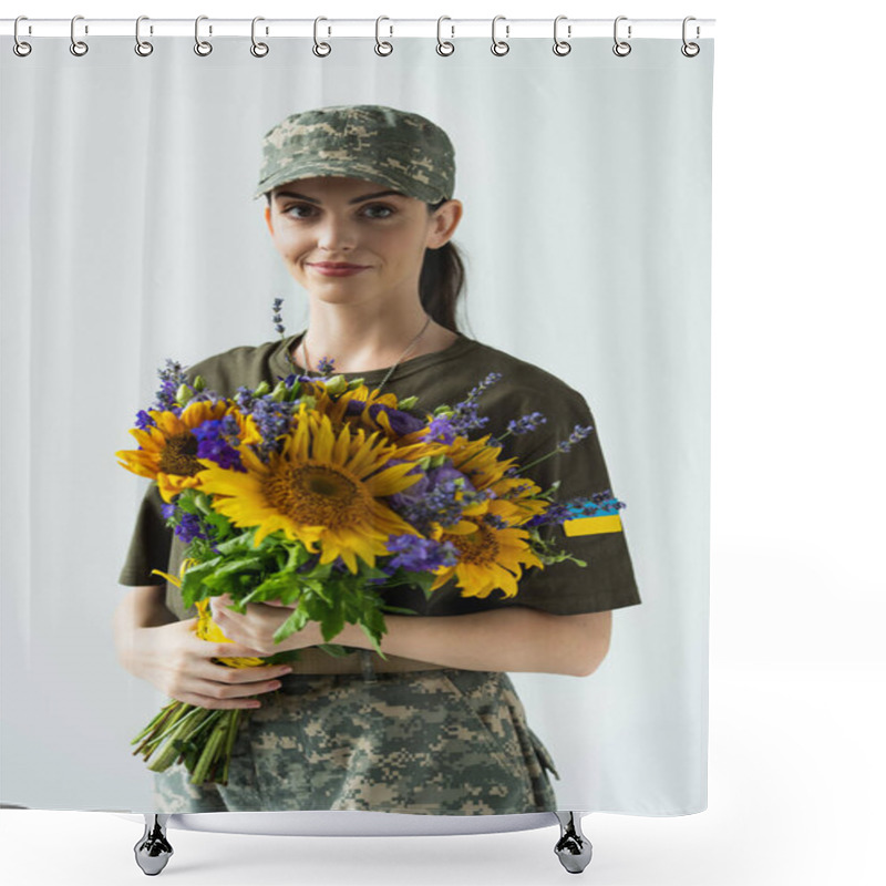 Personality  Smiling Soldier With Ukrainian Flag On Chevron Holding Bouquet Isolated On Grey  Shower Curtains