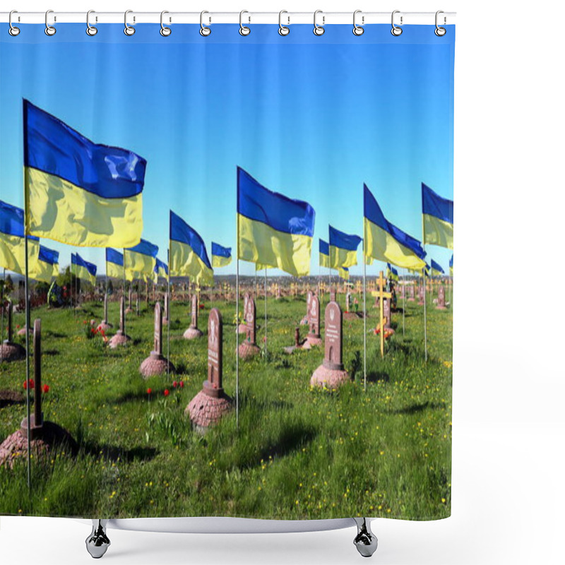 Personality  Military Cemetery Where Soldiers Who Died In Russian War Against Ukraine Are Buried. State Ukrainian Flag Flutter Over Graves And Monuments. Dnipro City, Ukraine, May 7, 2022. Shower Curtains