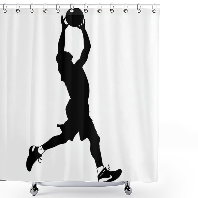 Personality  Silhouette Of A Male Athlete Leaping To Make A Basketball Shot Against A Light Background. Shower Curtains