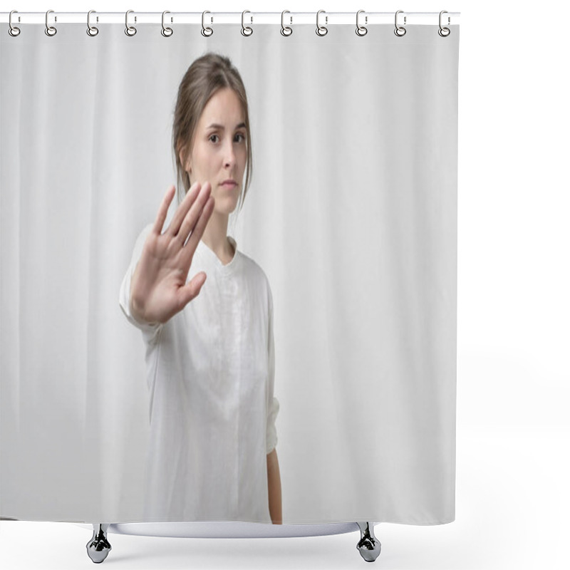 Personality  Young Woman Showing Stop Sign Moving Her Hand Palm To Camera. Concept Of Negative Emotion Shower Curtains