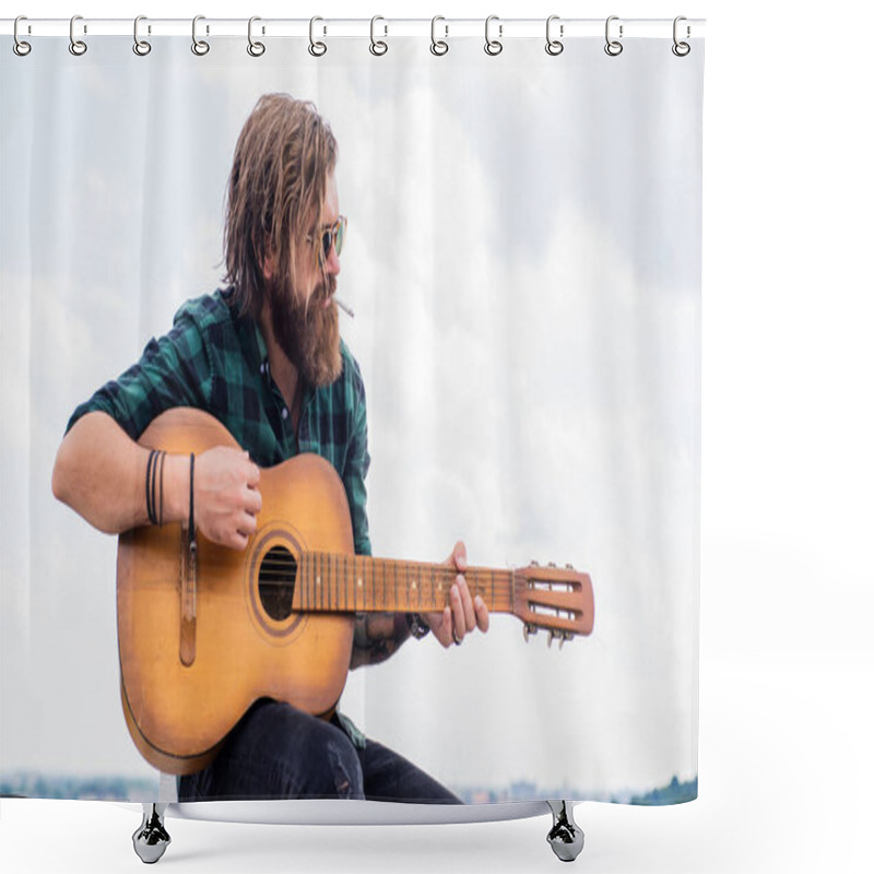 Personality  Brutal Caucasian Hipster With Beard In Shirt Play Acoustic Guitar, Singer Shower Curtains