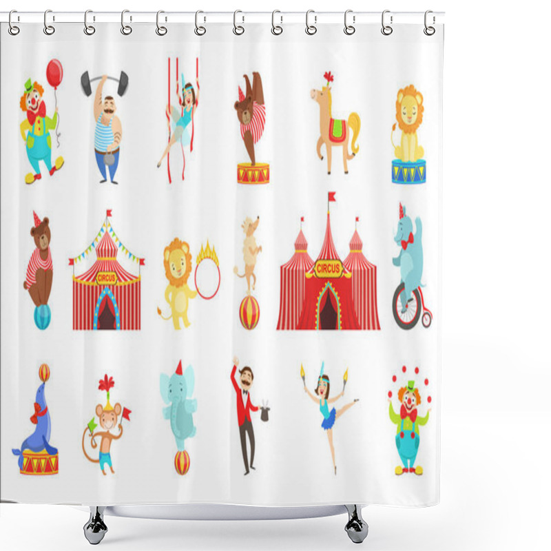 Personality  Circus Related Objects And Characters Set. Cute Cartoon Childish Style Illustrations Isolated Shower Curtains