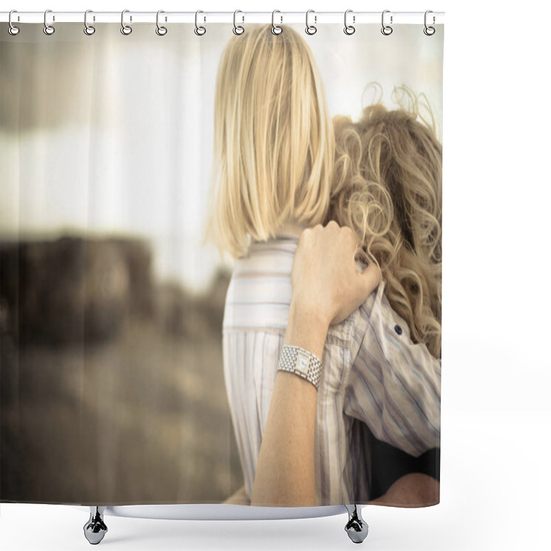 Personality  Emotions And Happiness For Young Blonde Mother And Little Child Son Having Fun And Laughing Together Hugging Outdoor And Enjoying The Nature And The Time In Family Leisure Activity Shower Curtains