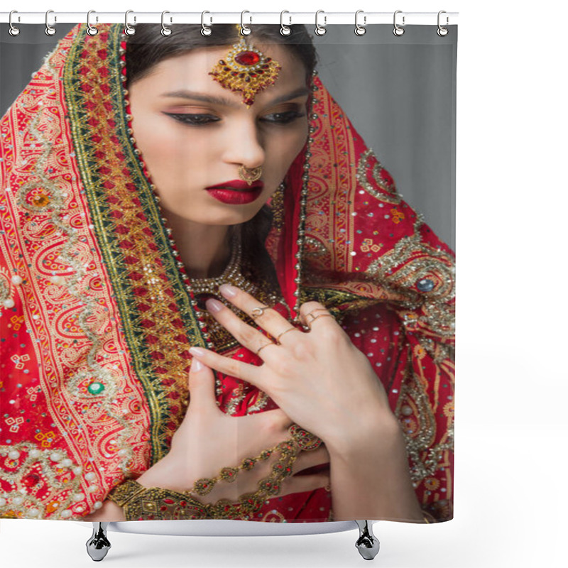 Personality  Attractive Indian Woman Posing In Traditional Sari, Isolated On Grey  Shower Curtains