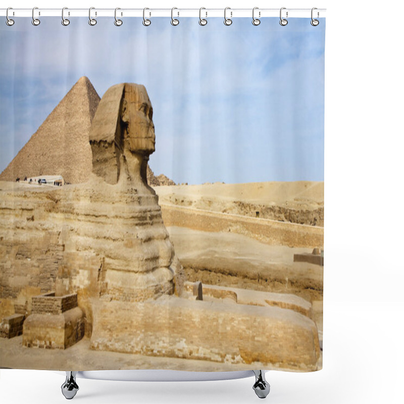 Personality  Egyptian Sphinx With Pyramid In Giza Shower Curtains