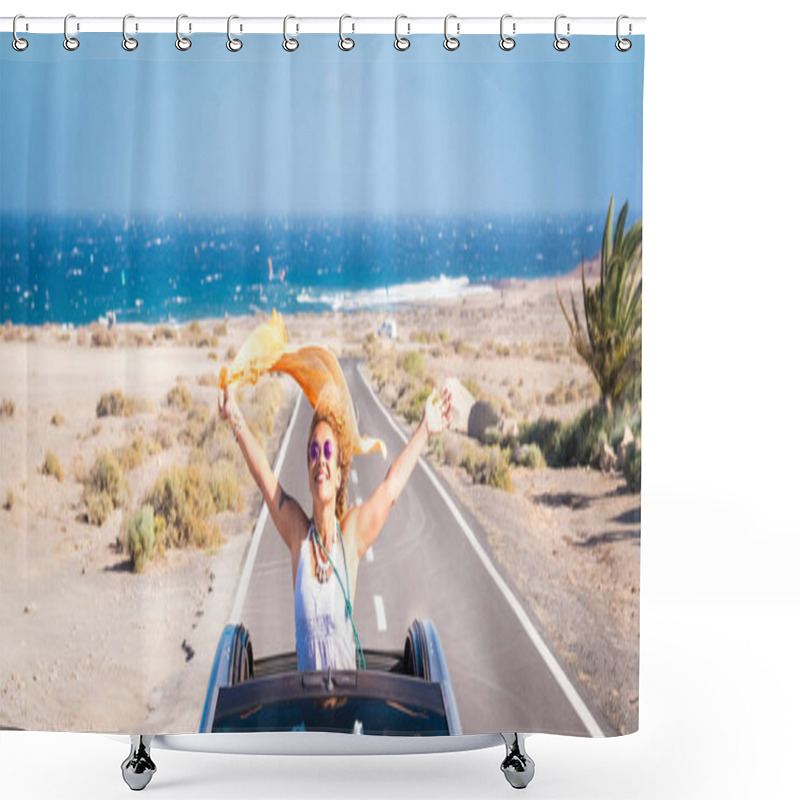 Personality  One Young Woman Enjoying And Having Fun In Their Vacations Outdoors  Shower Curtains