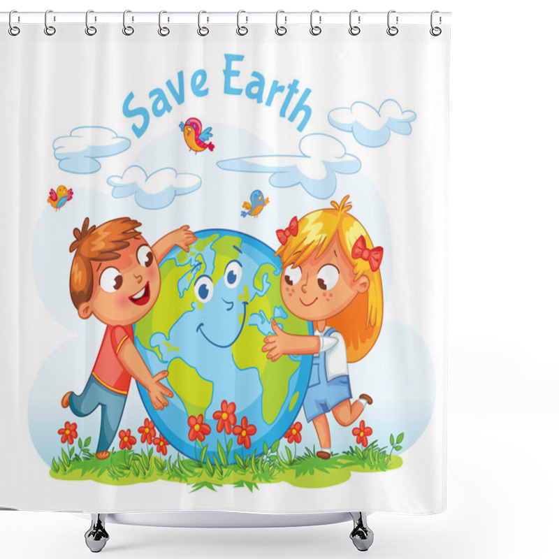 Personality  Earth Day. Boy And Girl Hugging The Globe Shower Curtains