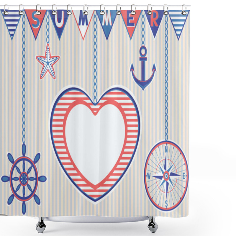 Personality  Nautical Summer Card With Heart Frame Shower Curtains