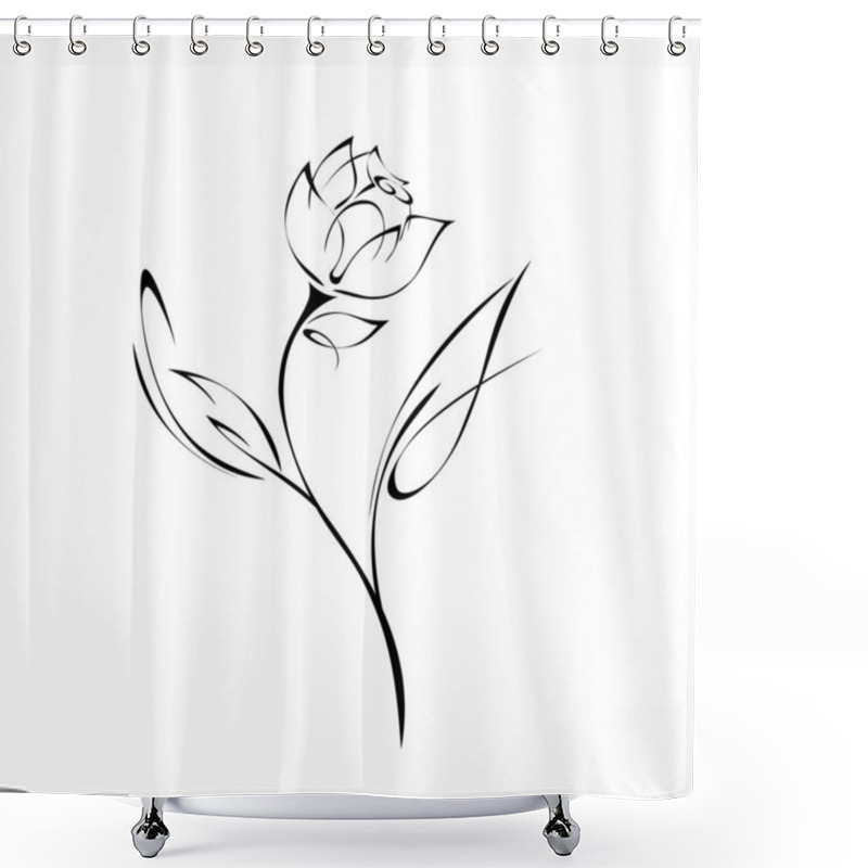 Personality  One Rosebud On A Stem With Leaves In Black Lines On A White Background Shower Curtains